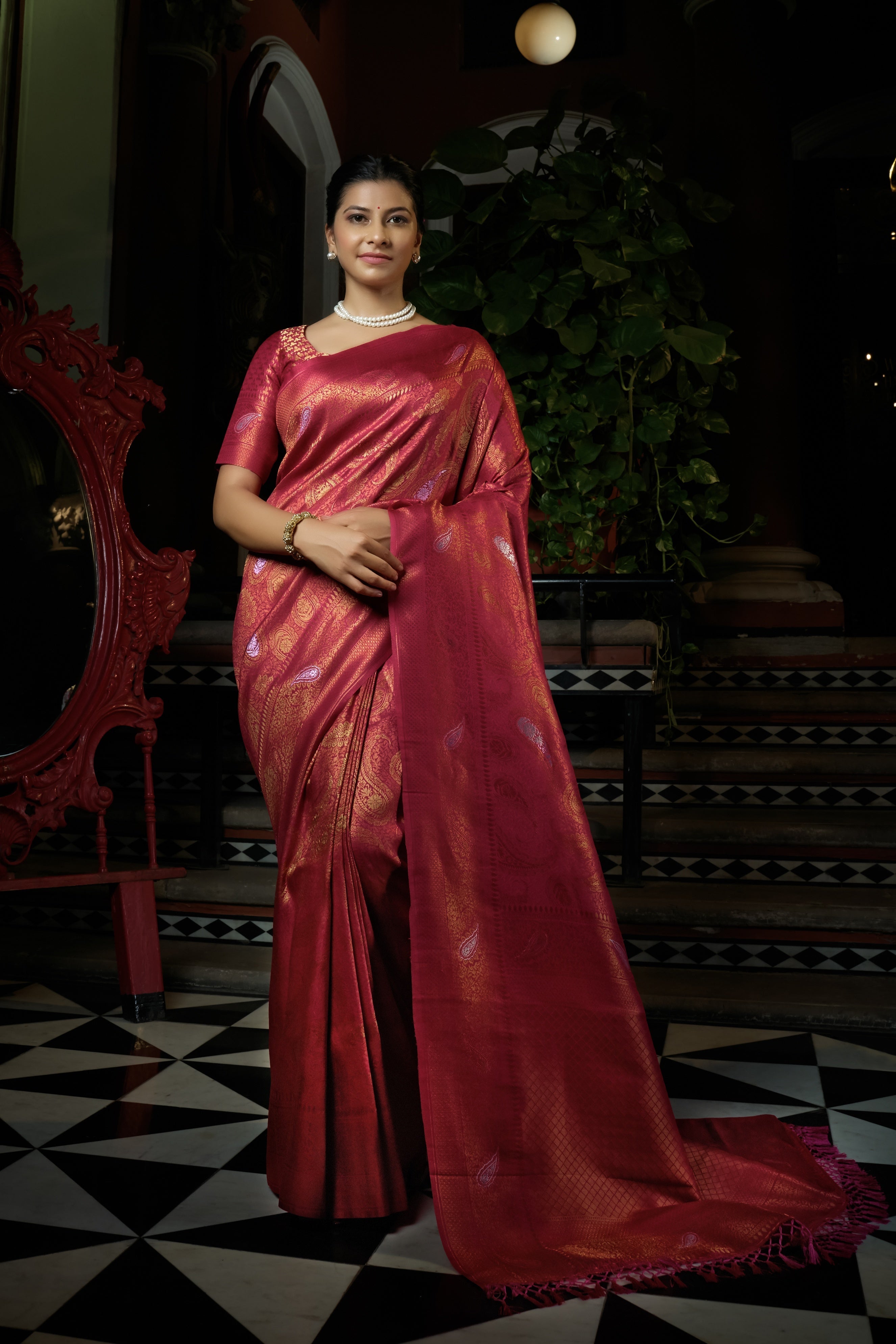 Vardha Fuchsia Pink Copper-Silver Zari Kanjeevaram Silk Saree