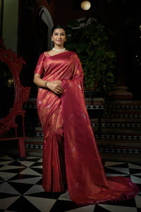 Thumbnail for Vardha Fuchsia Pink Copper-Silver Zari Kanjeevaram Silk Saree