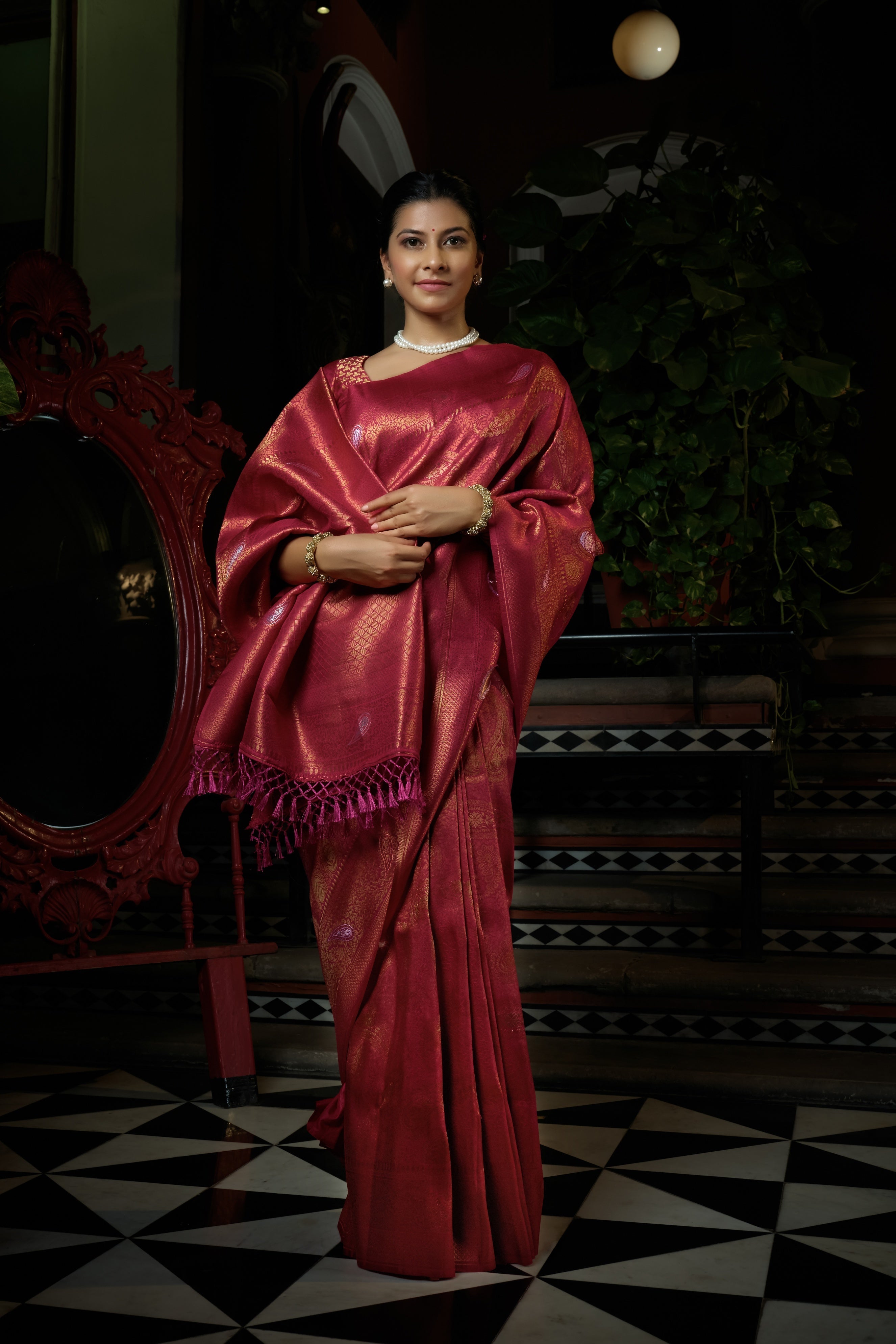 Vardha Fuchsia Pink Copper-Silver Zari Kanjeevaram Silk Saree