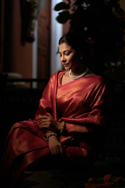 Vardha Fuchsia Pink Copper-Silver Zari Kanjeevaram Silk Saree