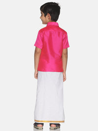 Thumbnail for Sethukrishna Boys Pink & White Solid Shirt and Veshti - Distacart