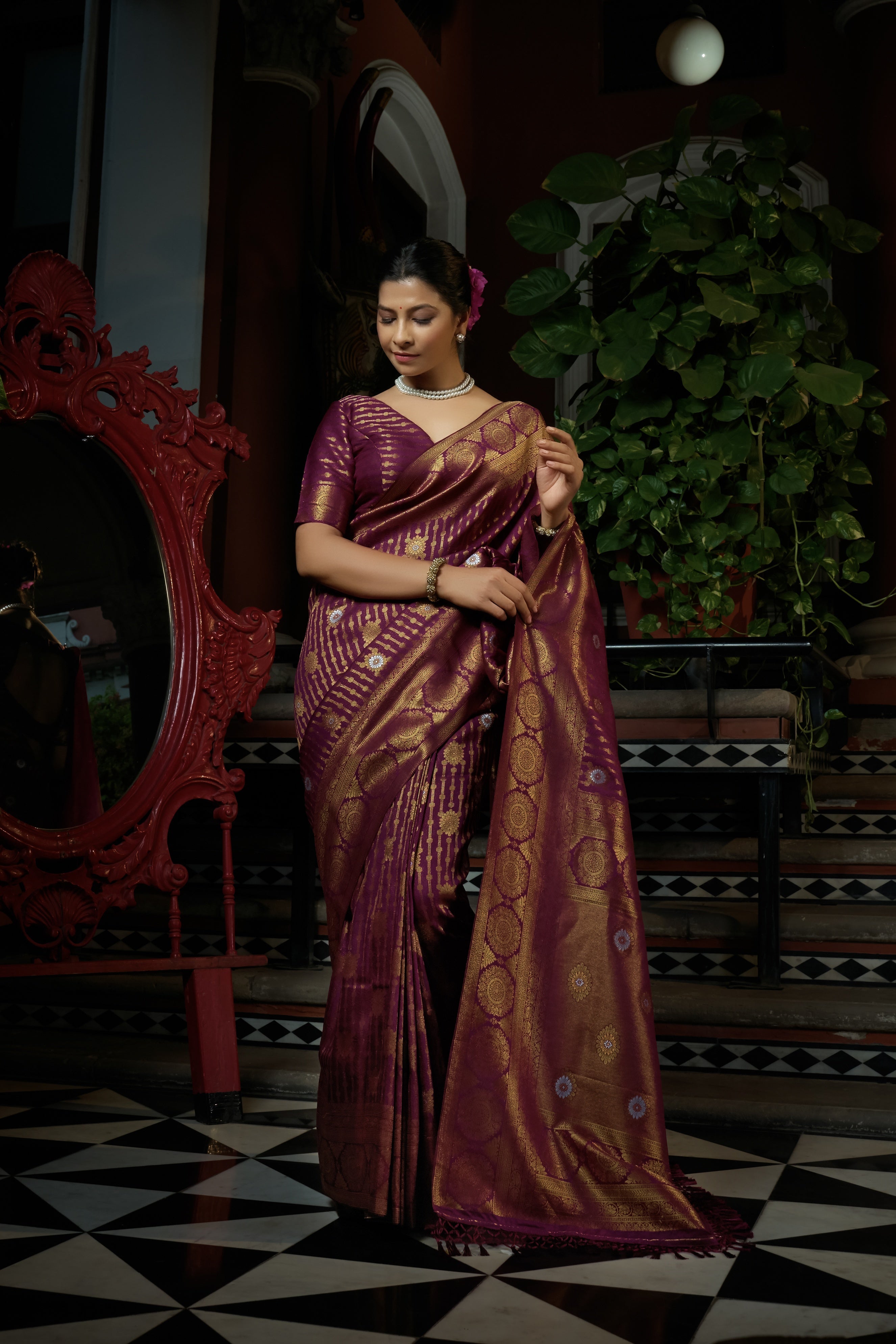 Vardha Myrtle Wine Copper-Silver Zari Kanjeevaram Silk Saree