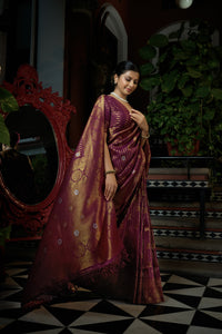 Thumbnail for Vardha Myrtle Wine Copper-Silver Zari Kanjeevaram Silk Saree
