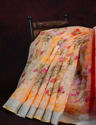 Shades of Baby Orange With Dark Orange Blouse Floral Design Semi Chanderi Saree By Gayathri Reddy Designer Studio - Distacart