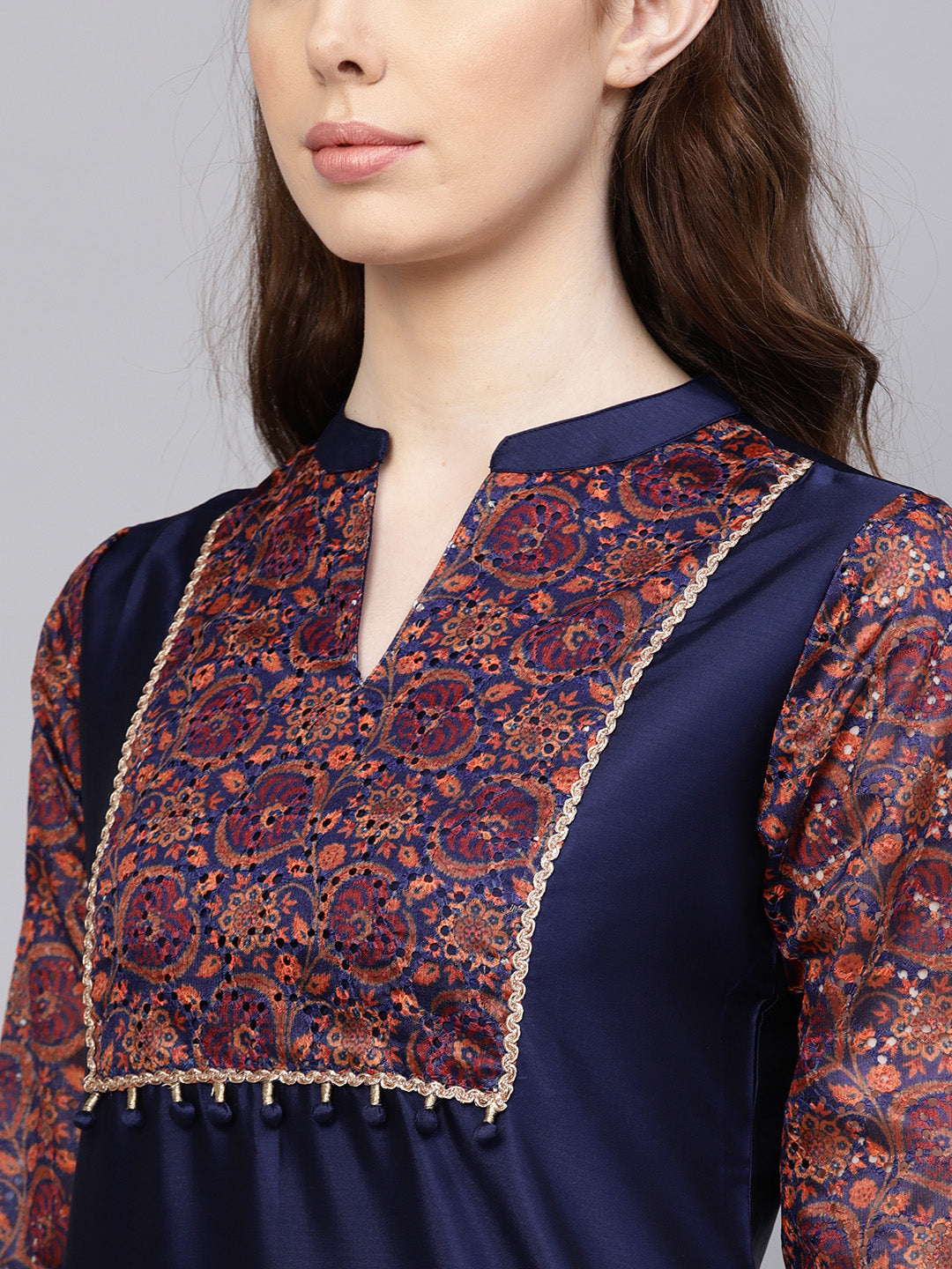 Jaipur Kurti Women Navy Blue Yoke Design Kurta with Trousers - Distacart
