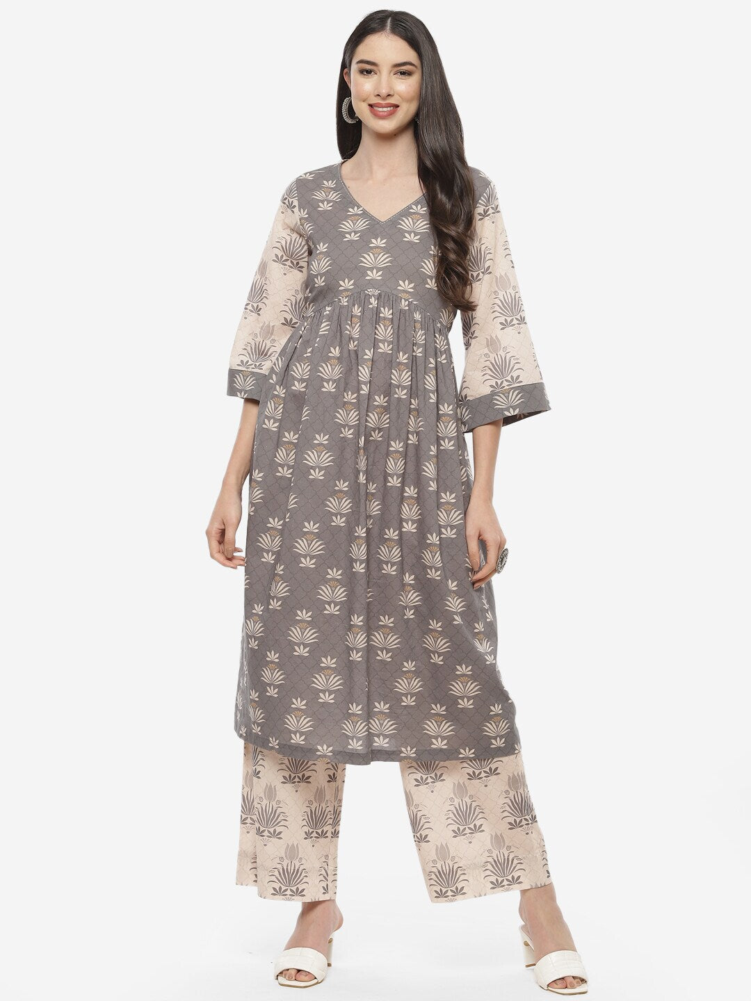 Biba Women Grey & Beige Ethnic Motifs Printed Pleated Pure Cotton Kurta with Palazzos - Distacart