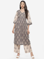 Thumbnail for Biba Women Grey & Beige Ethnic Motifs Printed Pleated Pure Cotton Kurta with Palazzos - Distacart