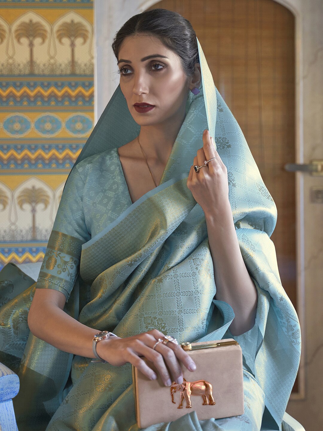 Mitera Turquoise Blue & Gold-Toned Woven Design Zari Silk Blend Kanjeevaram Saree - Distacart