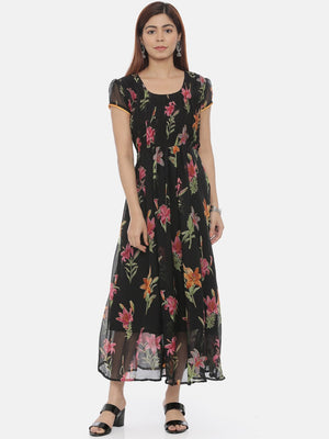 Souchii Women Black Printed Fit and Flare Dress - Distacart
