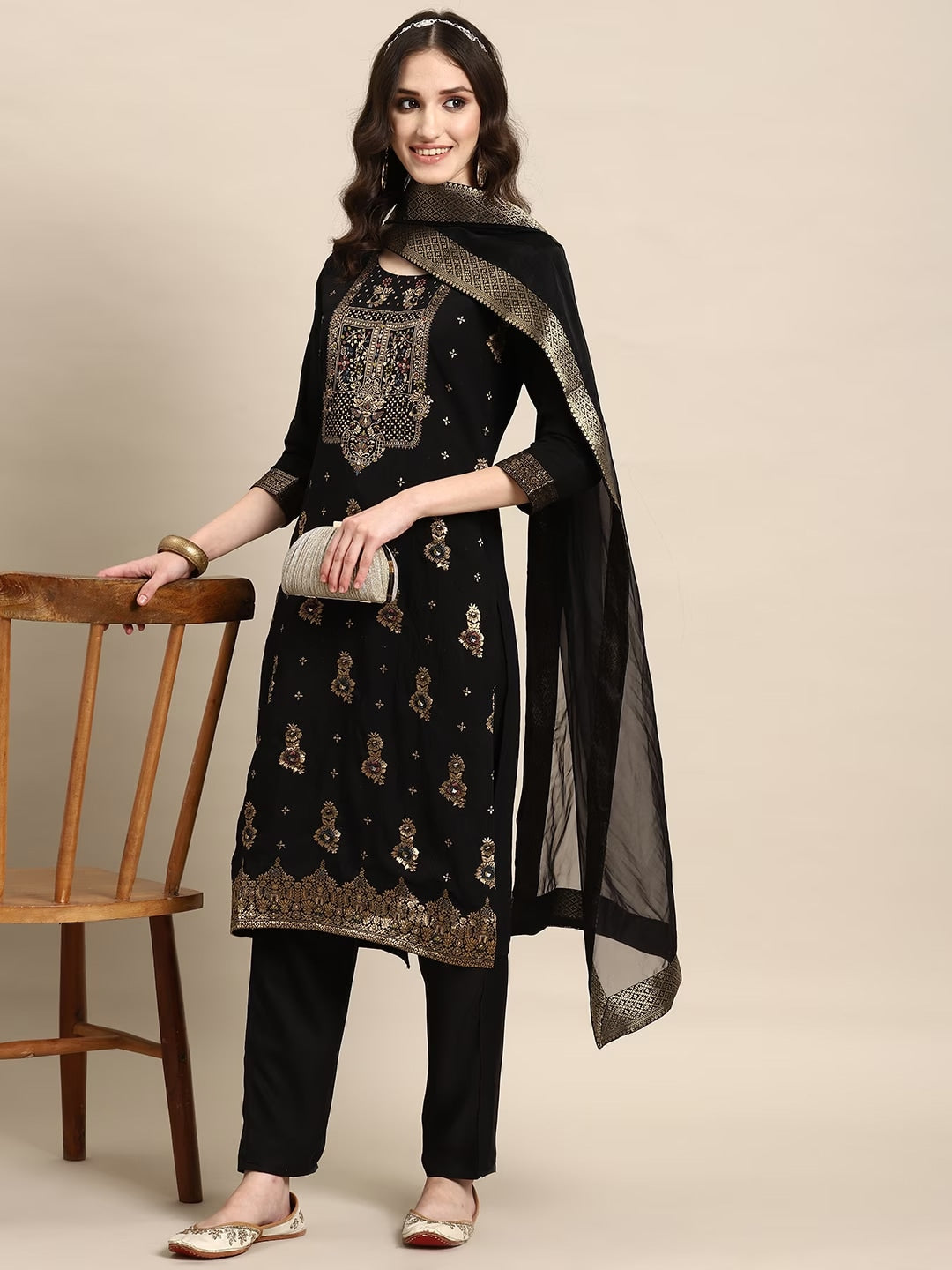 Sangria Women Black Floral Yoke Design Regular Kurta with Trousers & With Dupatta - Distacart