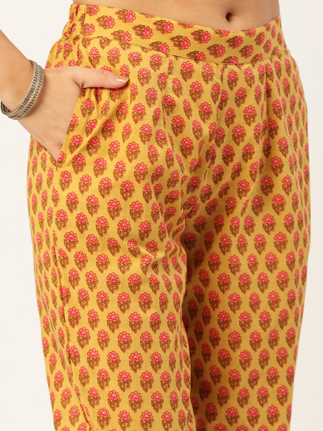 HERE&NOW Women Mustard Yellow Floral Printed Angrakha Gotta Patti Pure Cotton Kurta with Trousers & With - Distacart