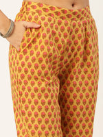 Thumbnail for HERE&NOW Women Mustard Yellow Floral Printed Angrakha Gotta Patti Pure Cotton Kurta with Trousers & With - Distacart