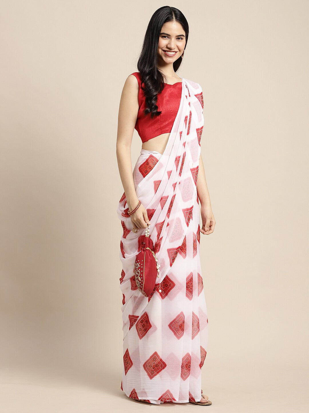 Saree Mall Women White & Red Printed Poly Chiffon Bandhani Saree With Matching Blouse - Distacart