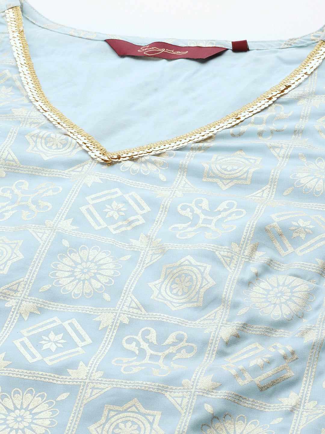 Sangria Gold-Toned Foil Printed Sequinned Detail A-Line Kurta with Palazzos - Distacart