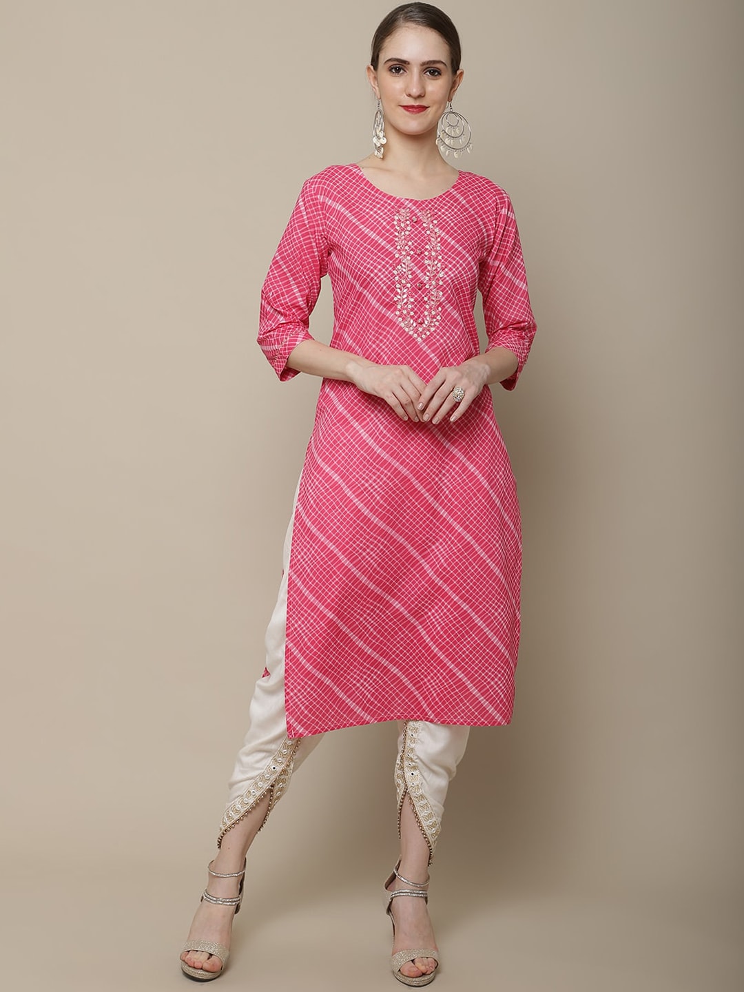 Sangria Women Pink Leheriya Striped Kurta - Distacart