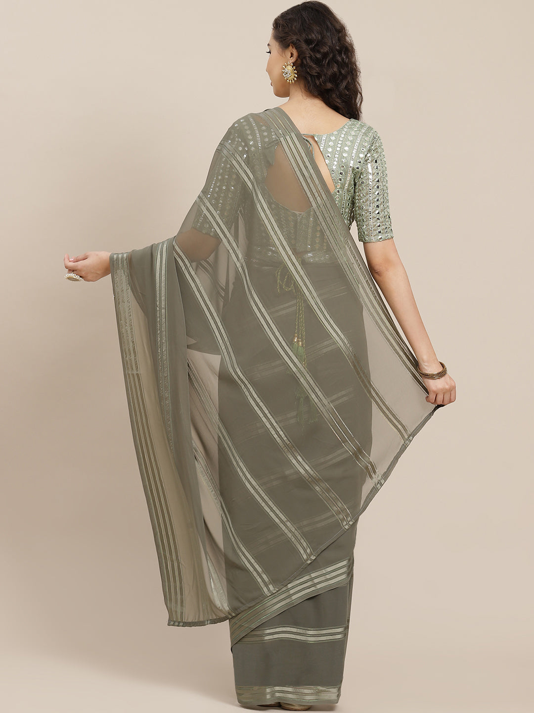 Saree Mall Taupe Striped Leheriya Saree With Belt - Distacart