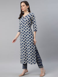 Thumbnail for Ahika Women Off-White & Navy Blue Printed Pure Cotton Kurta with Trousers & Dupatta - Distacart