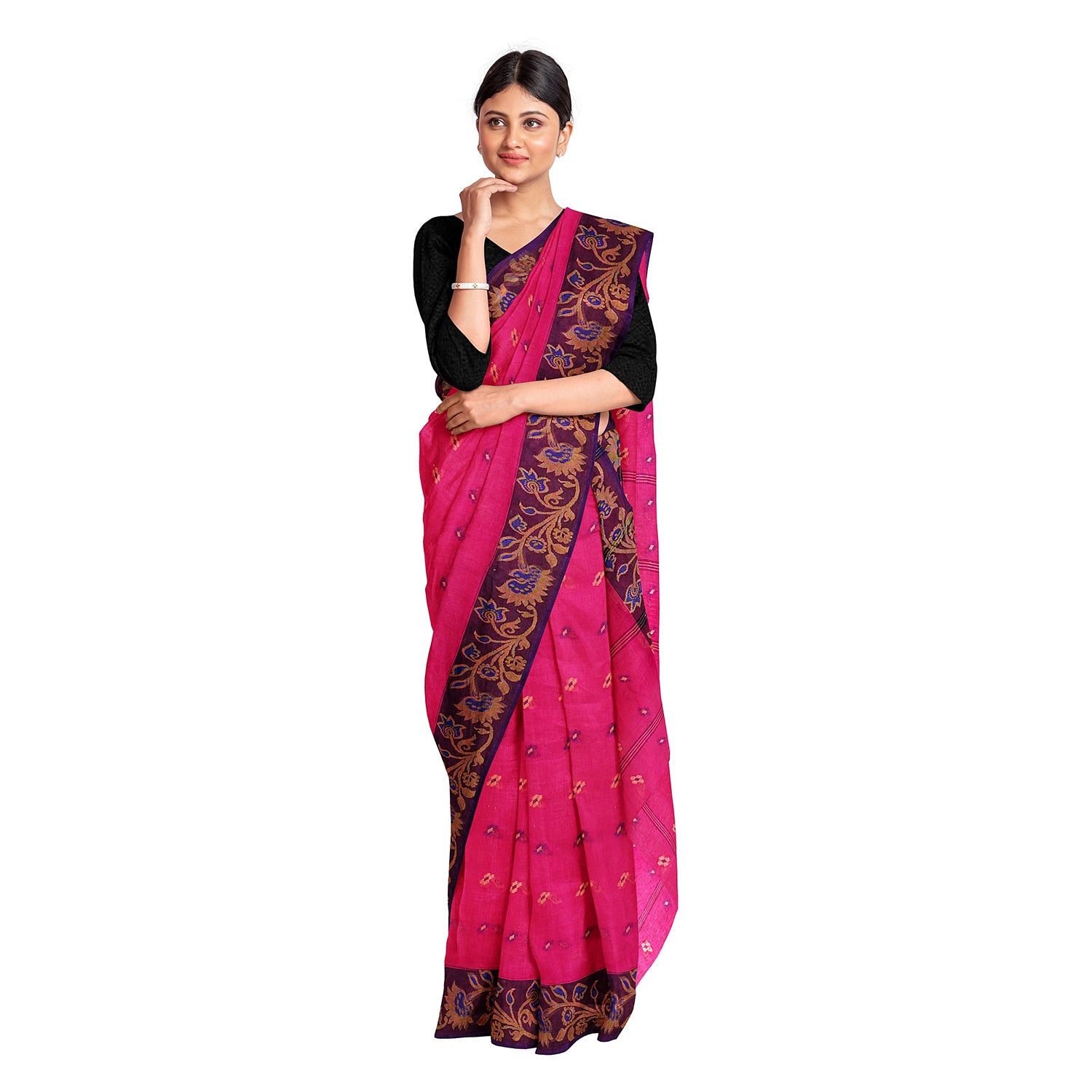 Exclusive Collection 100% Pure Cotton Pink Tant Saree With Hand Weaving Work - Distacart