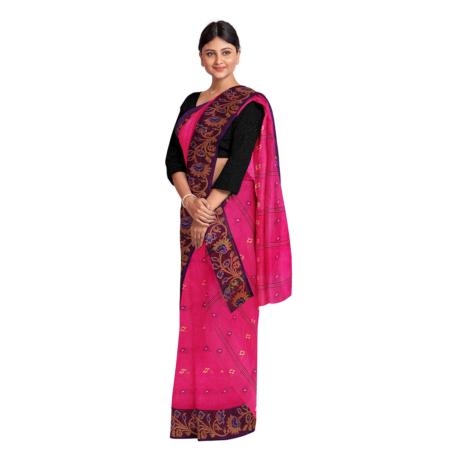 Exclusive Collection 100% Pure Cotton Pink Tant Saree With Hand Weaving Work - Distacart