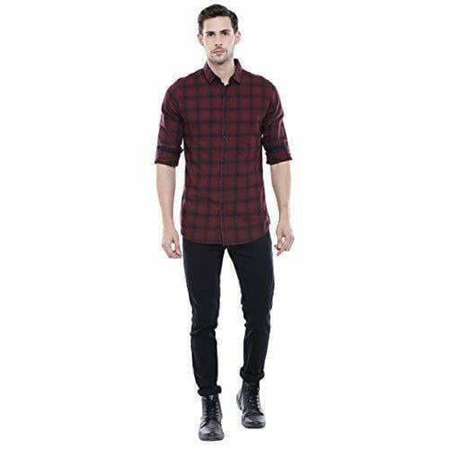 Men's Checkered Maroon Slim Fit Casual Shirt - Distacart