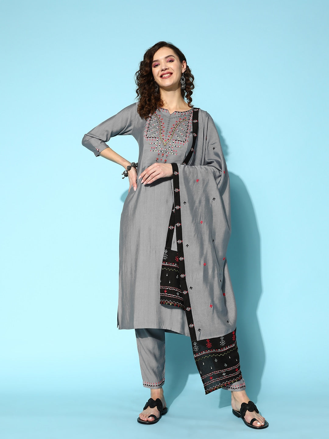 Sangria Embroidered Thread Work Kurta with Trousers & With Dupatta - Distacart