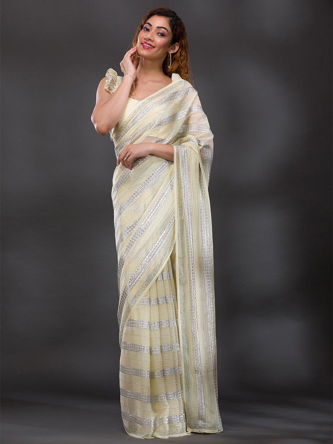 Koskii Striped Beads & Stones Shimmer Saree - Distacart