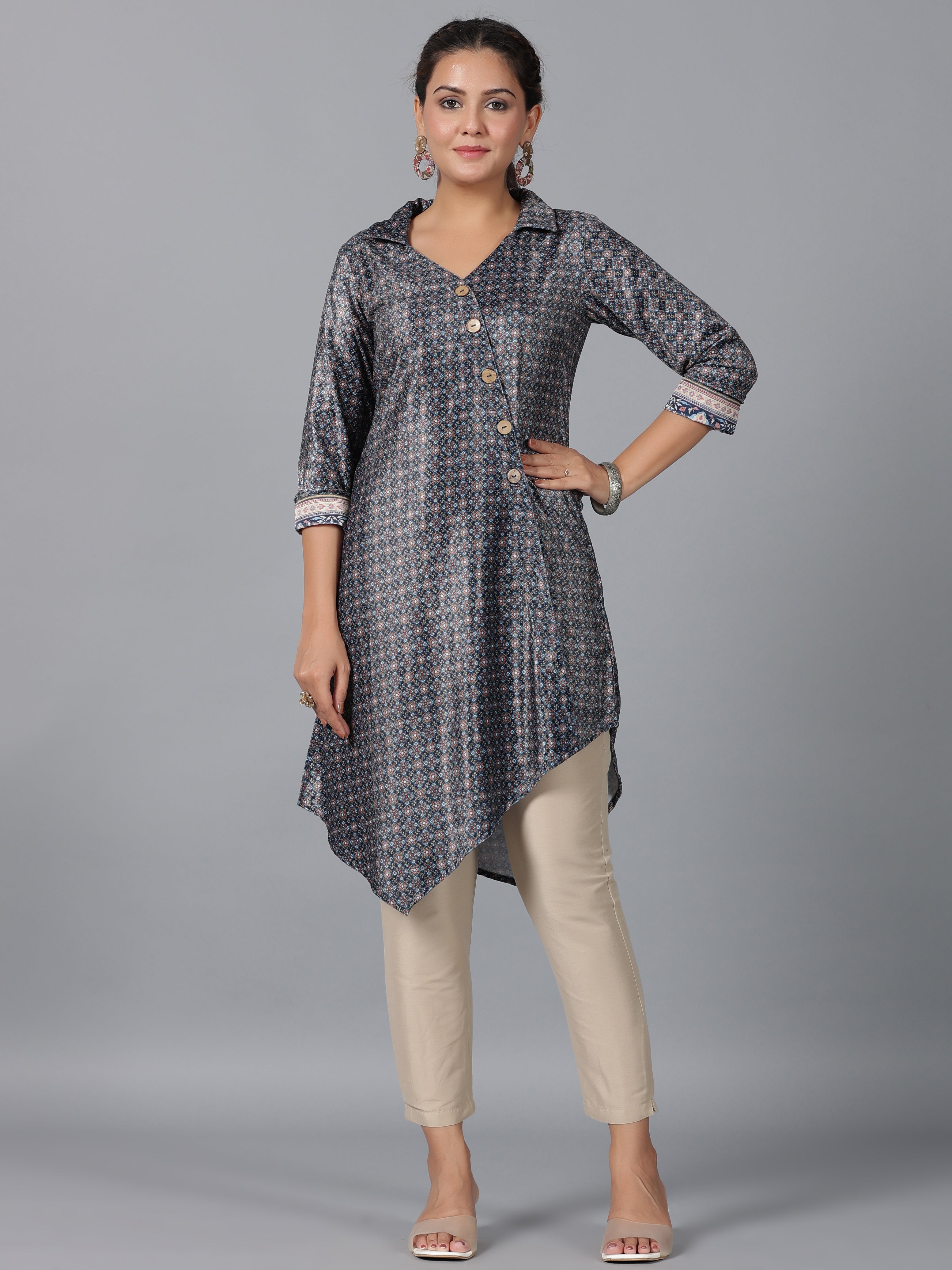 Juniper Women Green Velvet Printed Asymmetric Kurta - Distacart