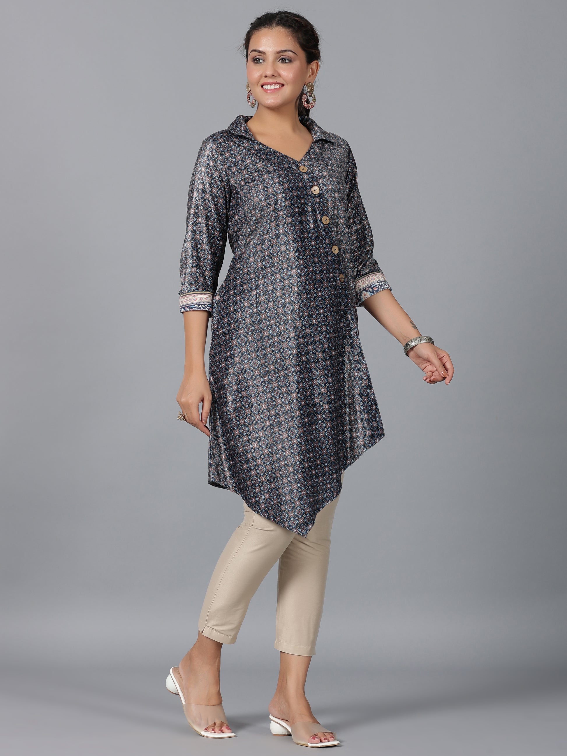 Juniper Women Green Velvet Printed Asymmetric Kurta - Distacart