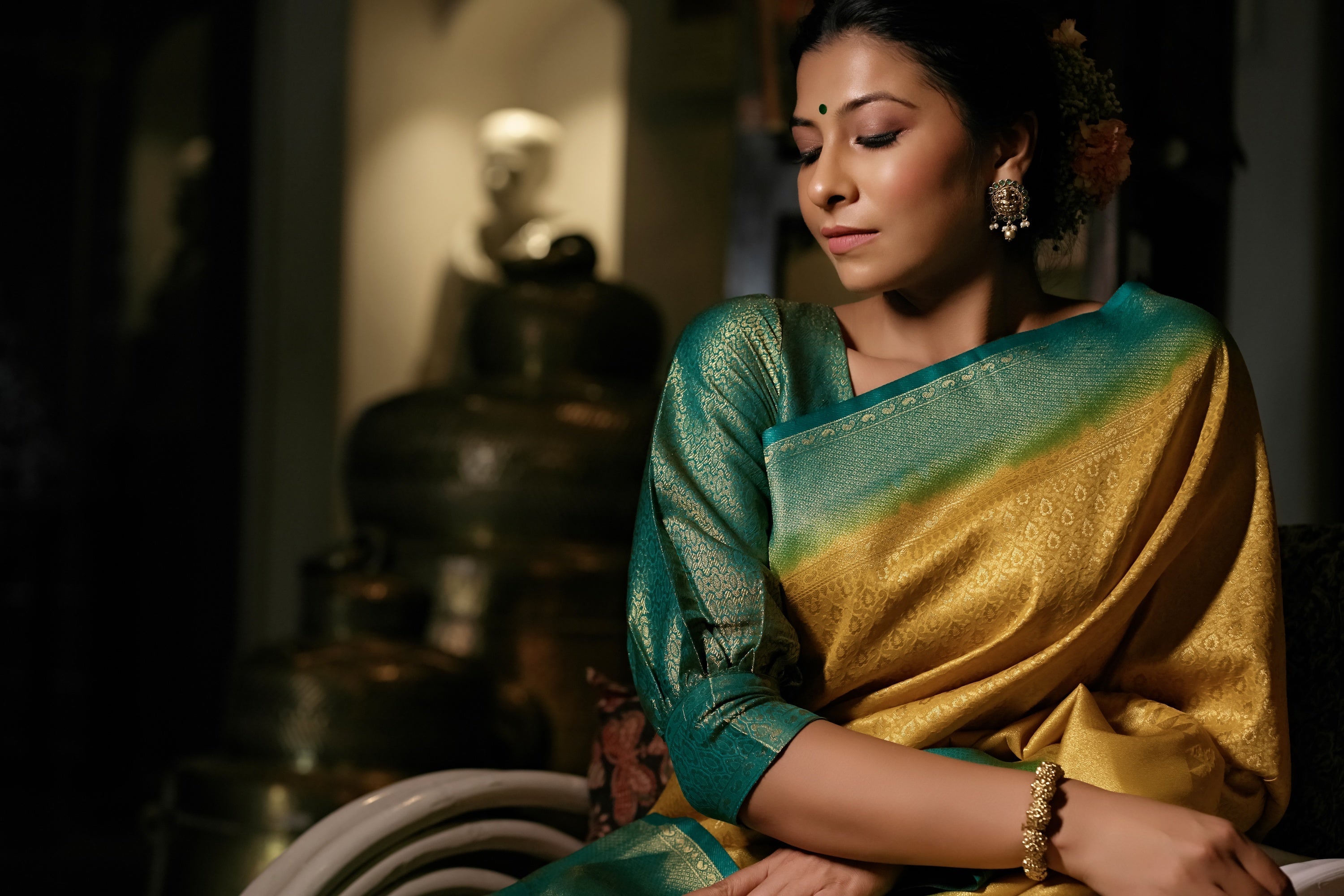 Vardha Canary Yellow Golden Zari Kanjeevaram Silk Saree