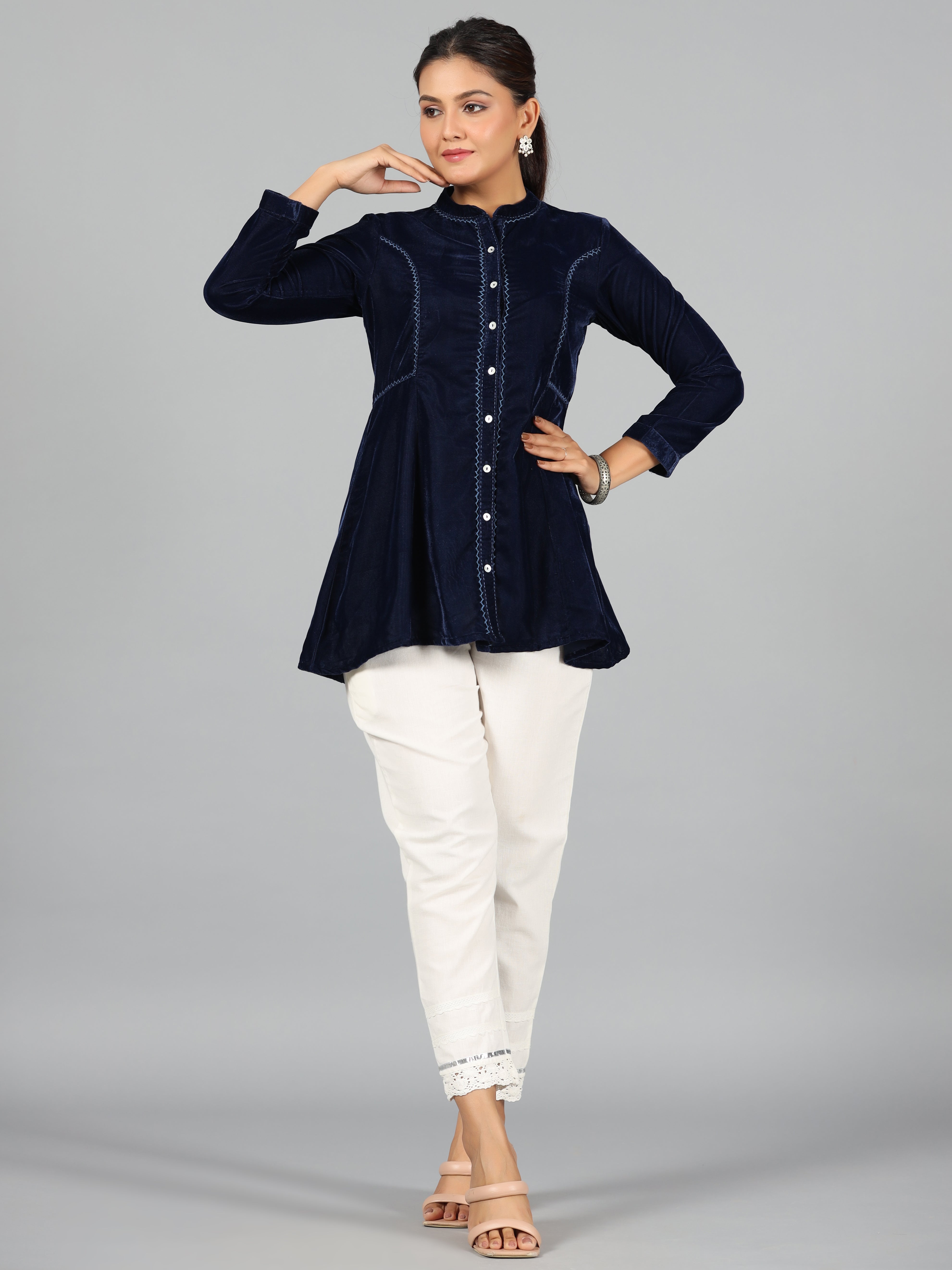Juniper Women Blue Velvet Solid A-Line Tunic - Distacart