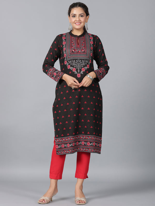 Juniper Women Black Printed Woolen Straight Kurta - Distacart