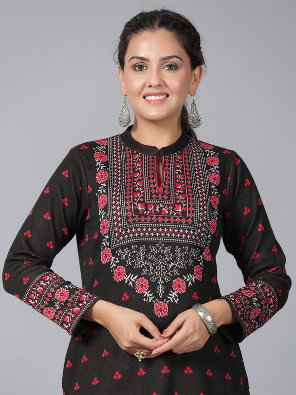 Juniper Women Black Printed Woolen Straight Kurta - Distacart