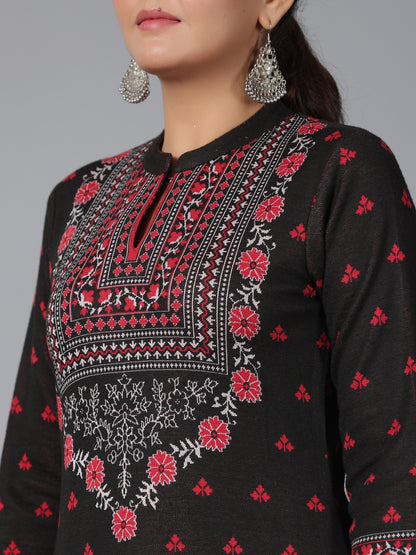 Juniper Women Black Printed Woolen Straight Kurta - Distacart