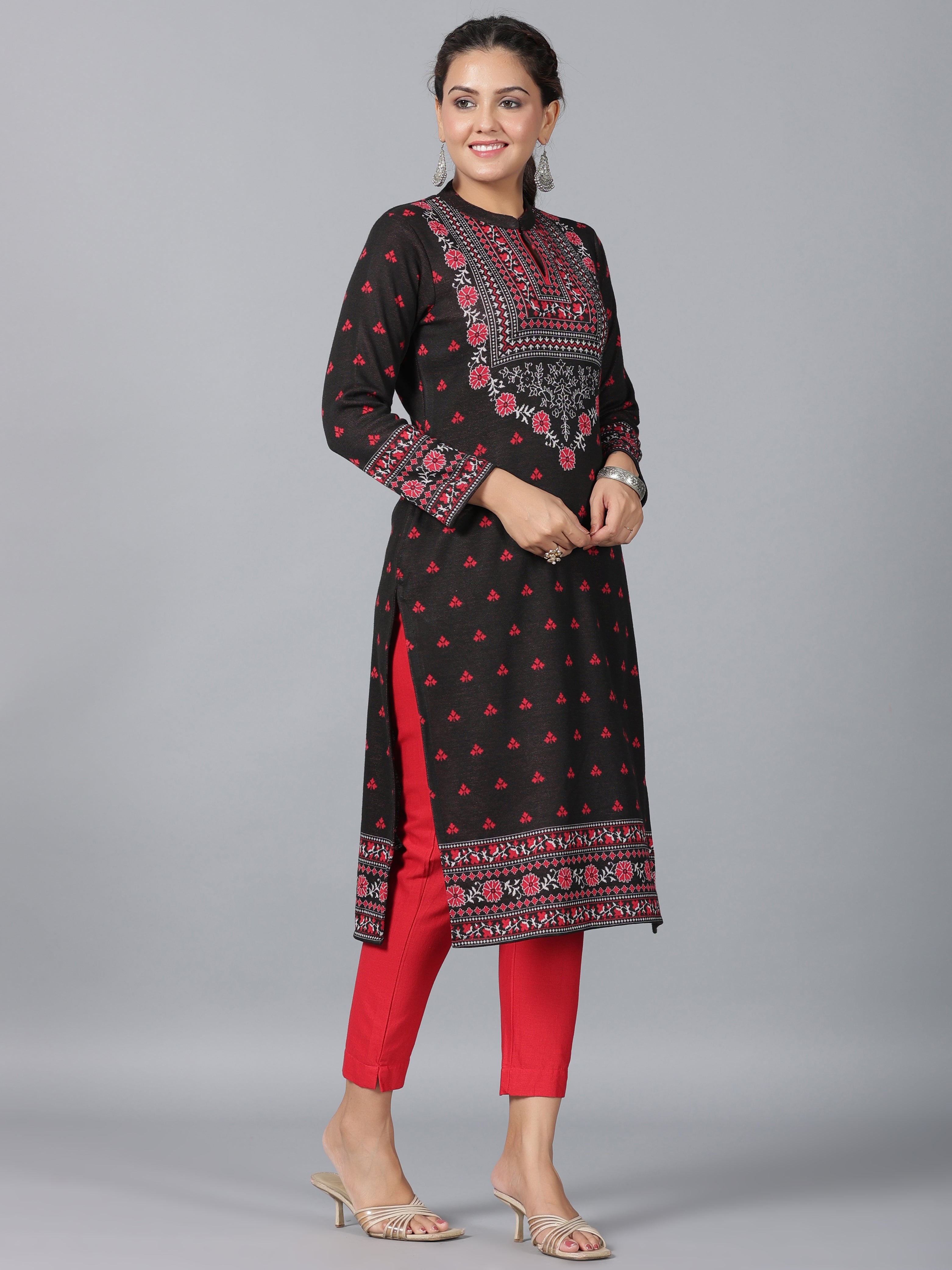 Juniper Women Black Printed Woolen Straight Kurta - Distacart