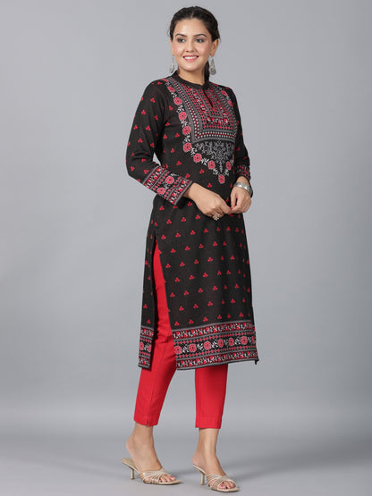 Juniper Women Black Printed Woolen Straight Kurta - Distacart