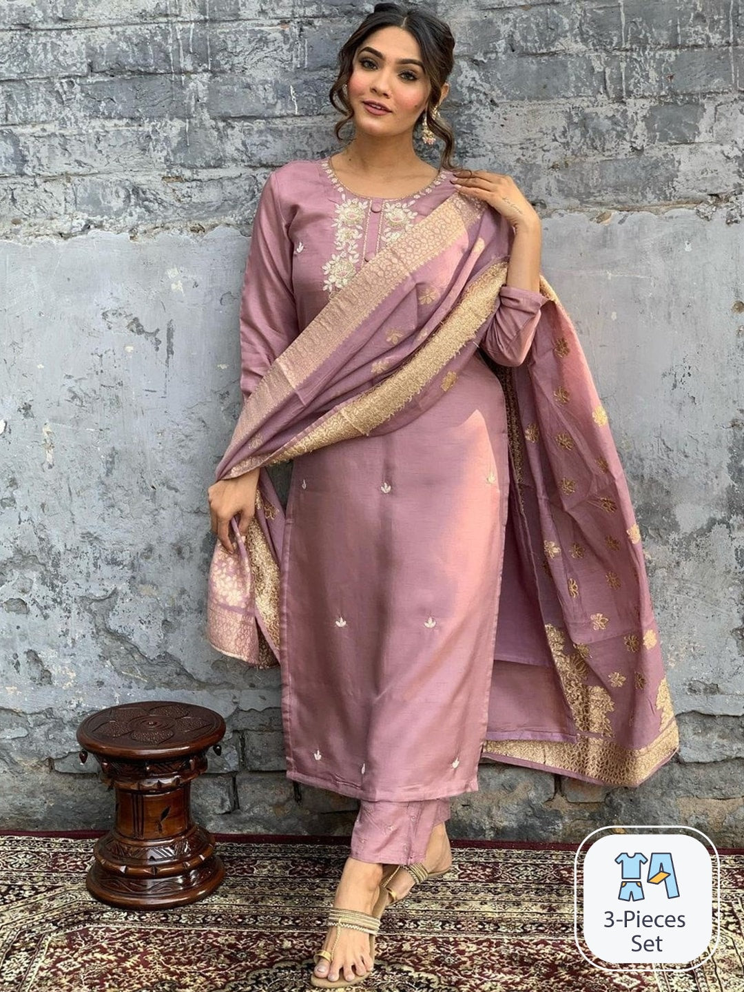 Kalini Floral Embroidered Chanderi Silk Kurta & Trousers With Dupatta - Distacart