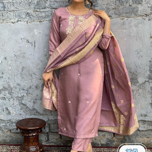 Kalini Floral Embroidered Chanderi Silk Kurta & Trousers With Dupatta - Distacart