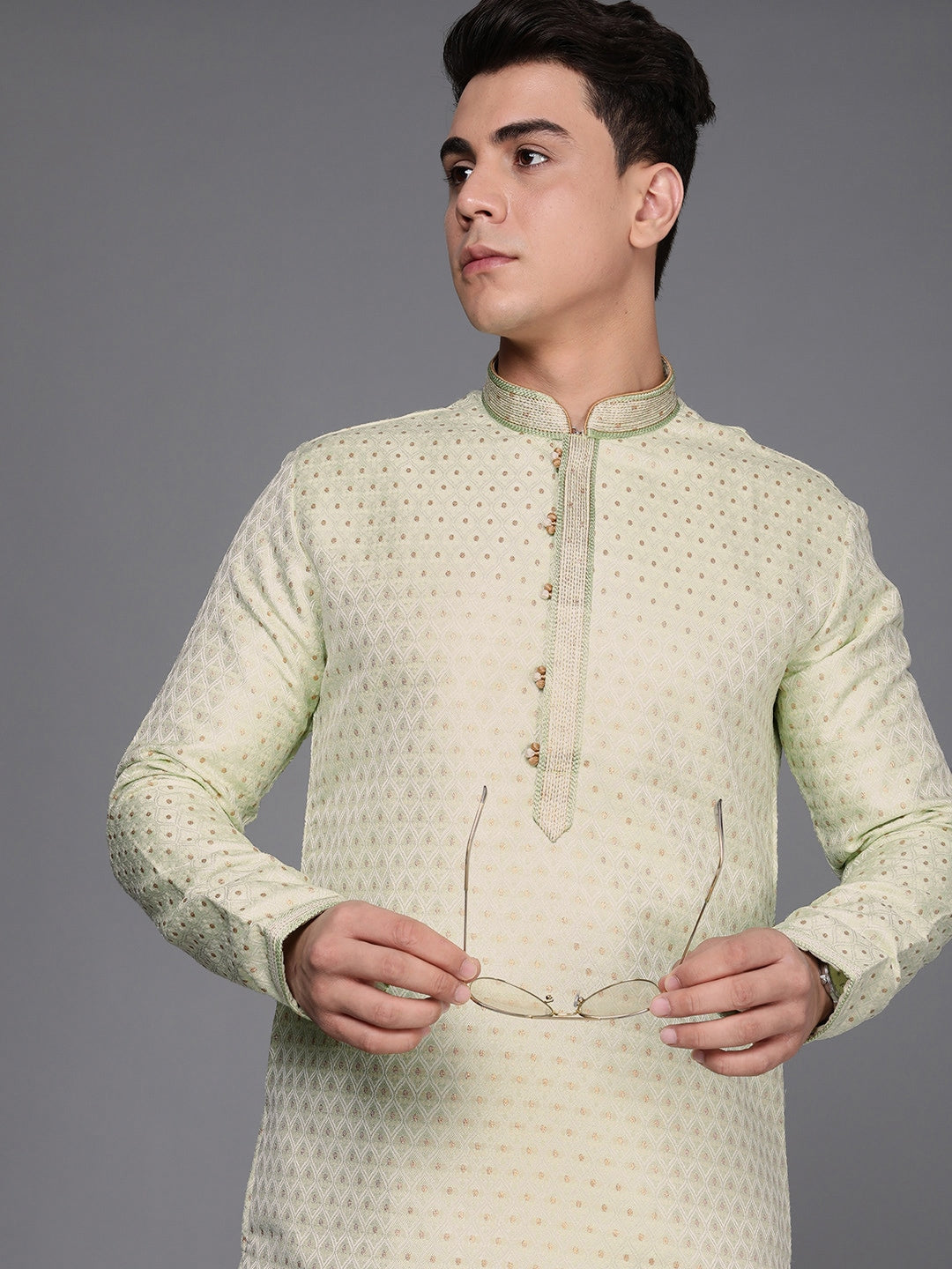 Manyavar Men Green Jacquard Woven Design Kurta with Pyjamas - Distacart
