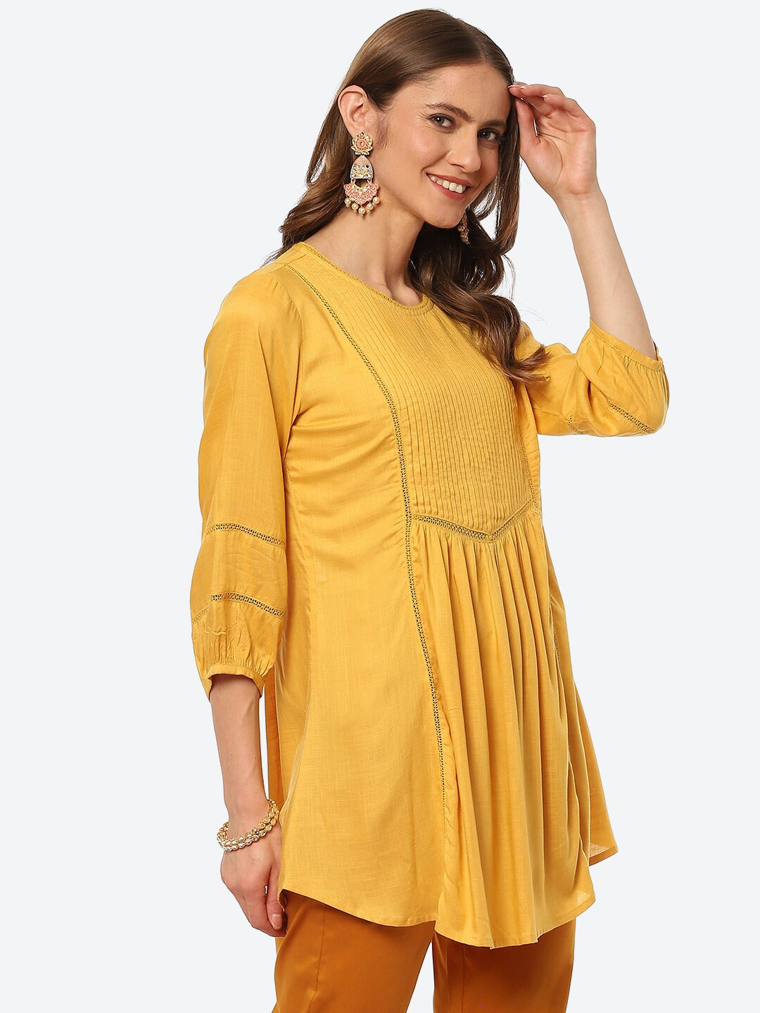 Biba Women Yellow Pleated And Panelled Puff Sleeves Kurti - Distacart