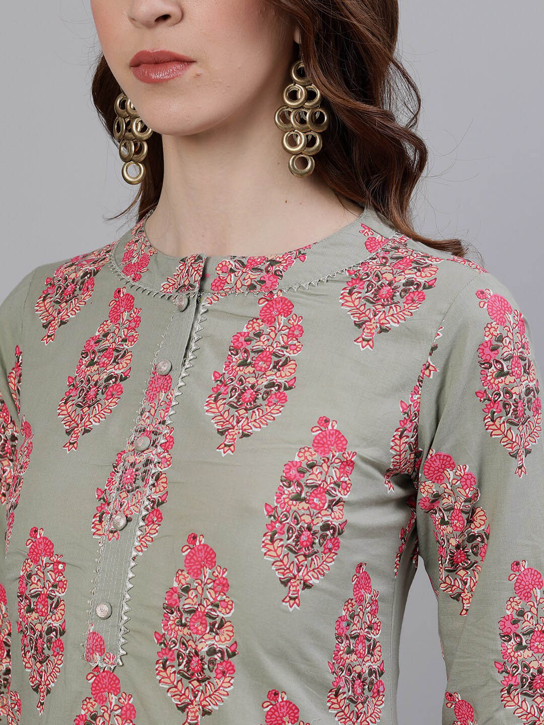 Ishin Women Green & Pink Printed Kurta with Sharara & Dupatta - Distacart