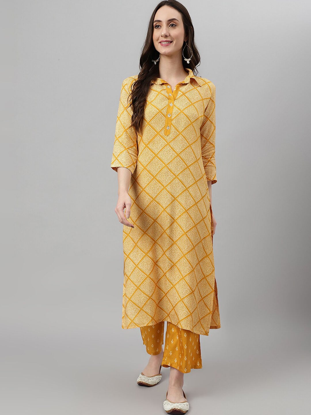 Khushal K Bandhani Printed Shirt Collar Kurta with Palazzos - Distacart