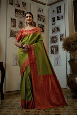 Thumbnail for Vardha Shamrock Green Golden Zari Kanjeevaram Silk Saree