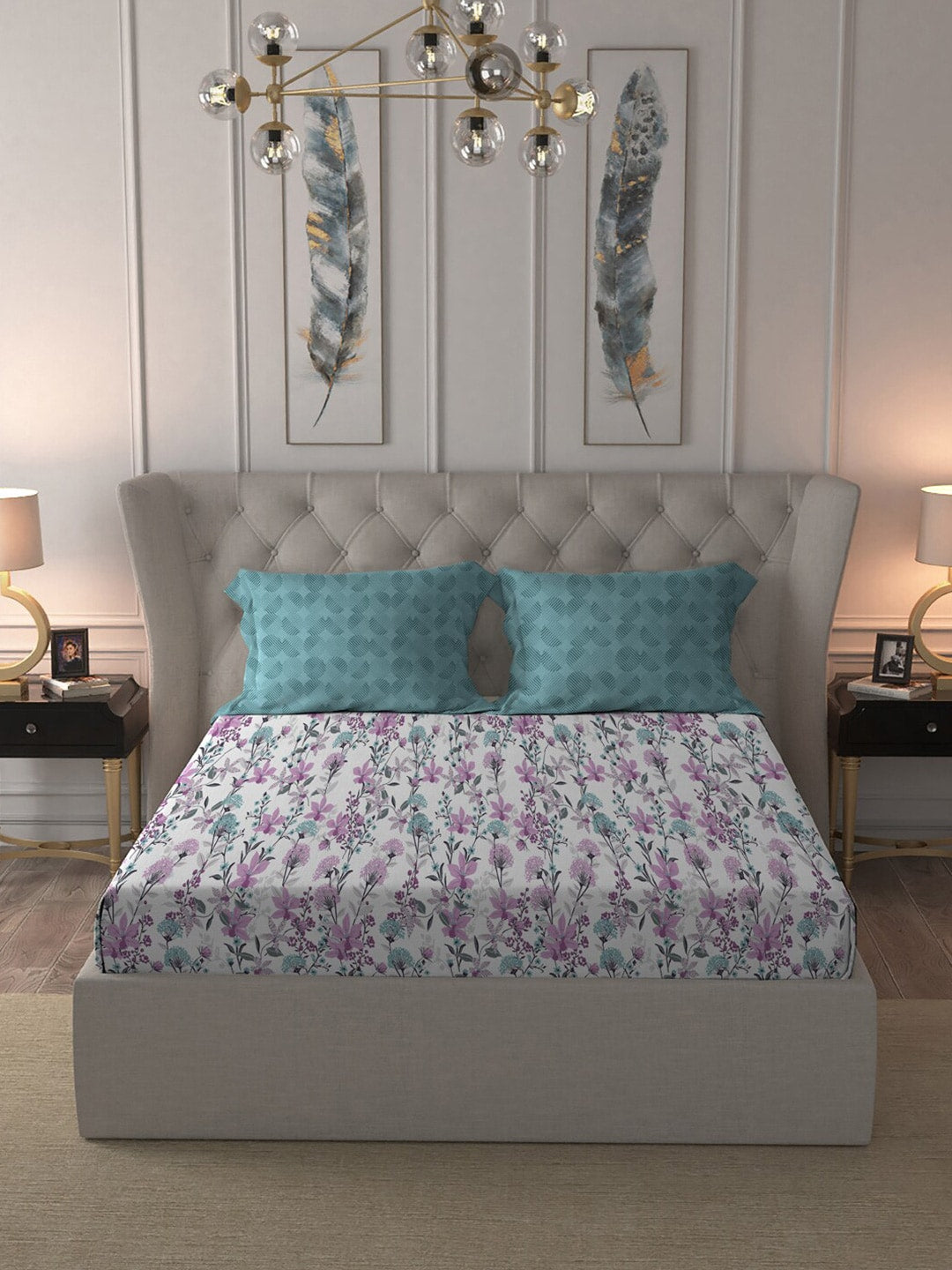 MYTRIDENT Violet White Floral Cotton 144 TC Queen Bedsheet With 2 Pillow Covers - Distacart