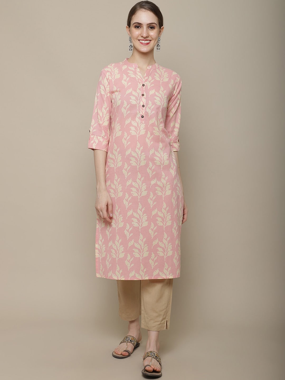 Sangria Women Pink & Beige Cotton Floral Printed Floral Kurta - Distacart