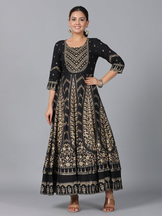 Juniper Women Black Rayon Printed Anarkali Dress - Distacart