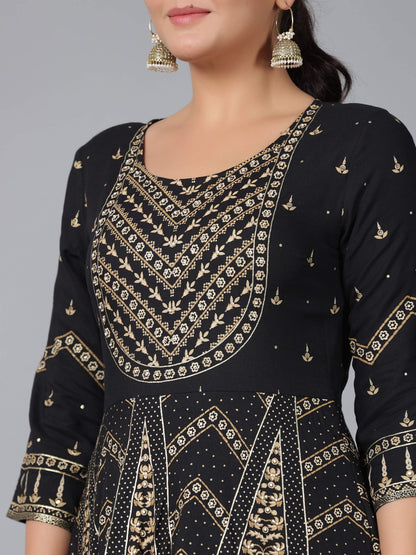 Juniper Women Black Rayon Printed Anarkali Dress - Distacart