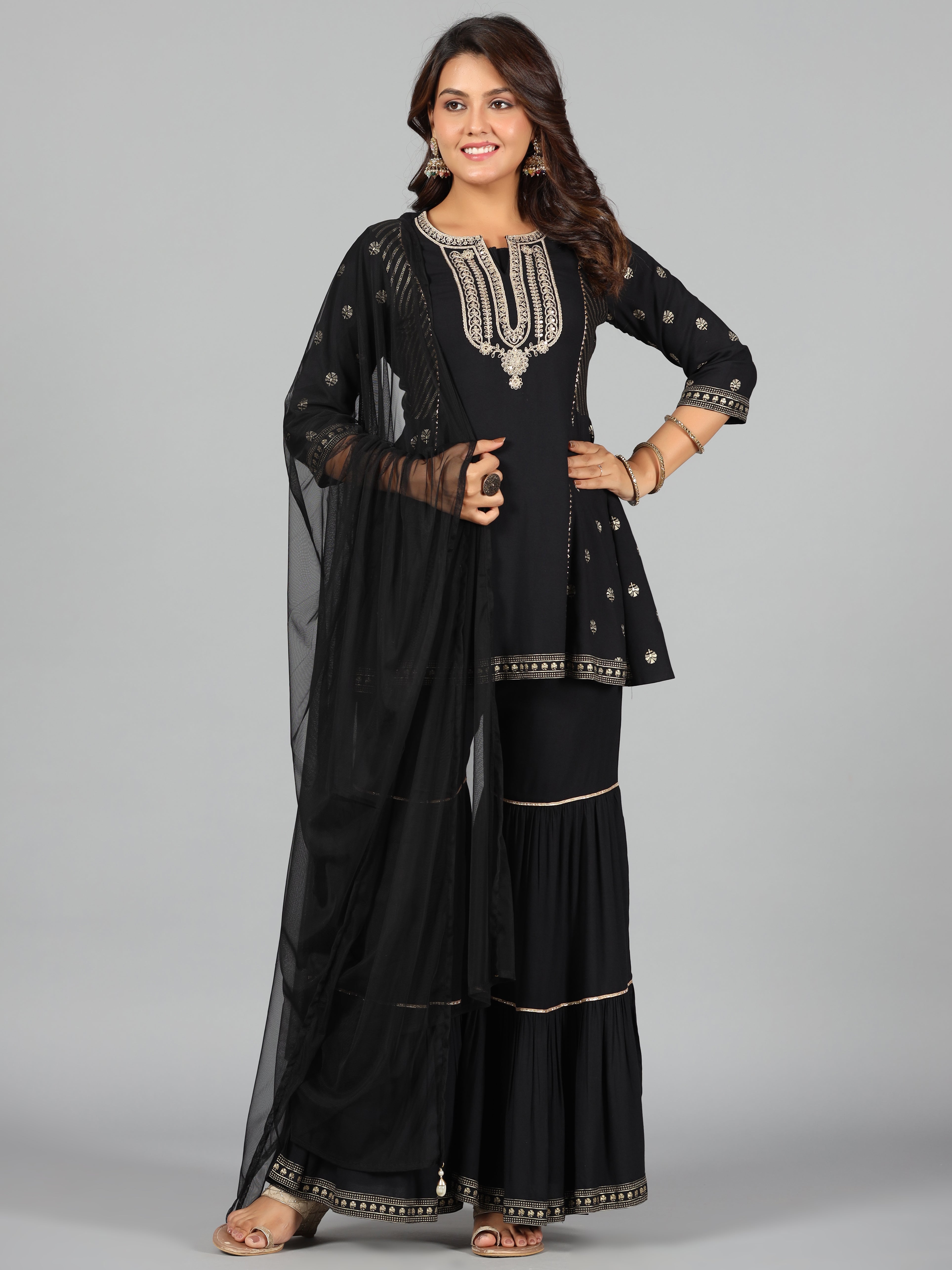 Juniper Women Black Rayon Printed Kurta, Sharara & Dupatta Set - Distacart