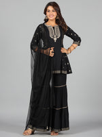 Thumbnail for Juniper Women Black Rayon Printed Kurta, Sharara & Dupatta Set - Distacart