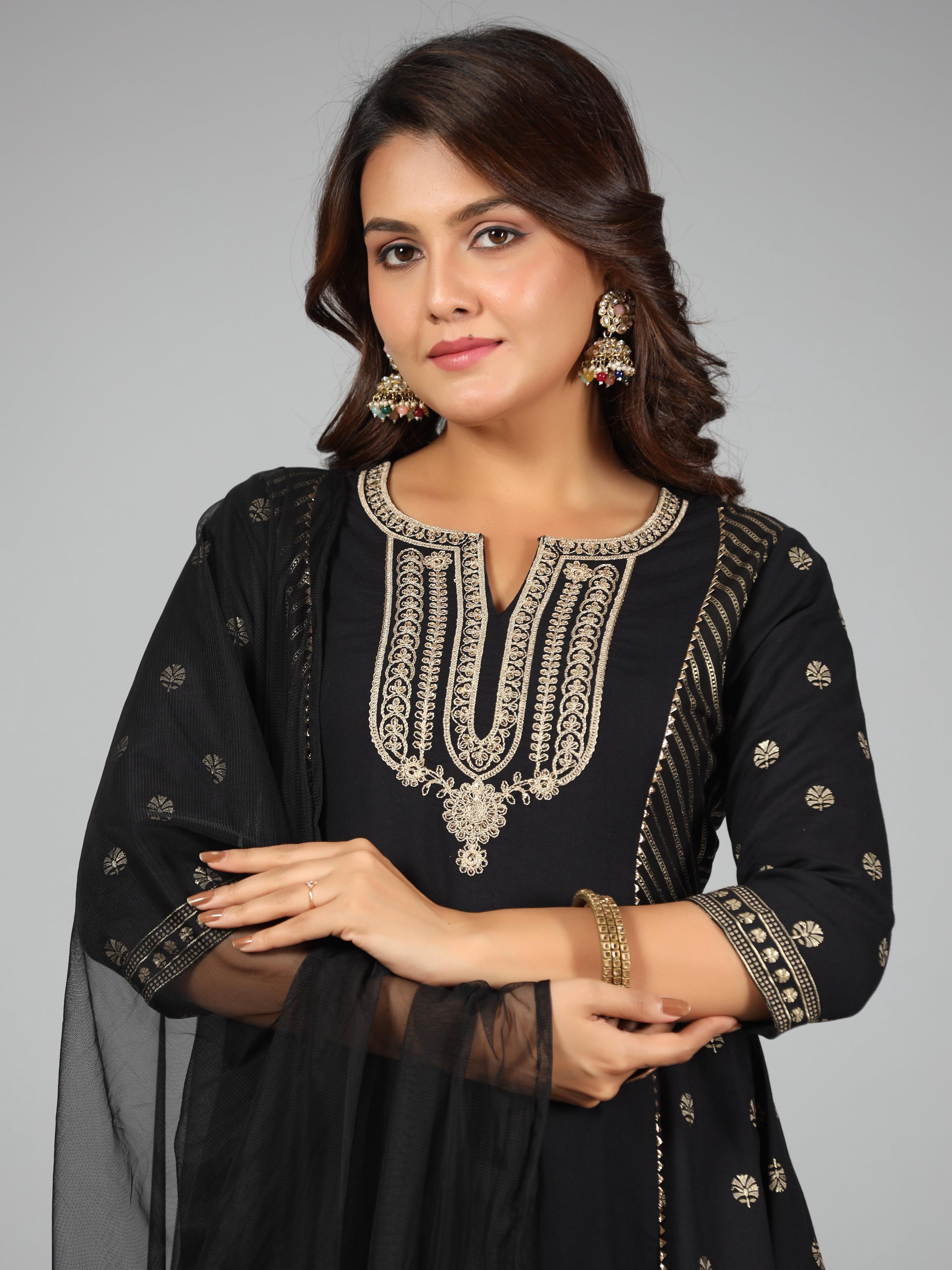 Juniper Women Black Rayon Printed Kurta, Sharara & Dupatta Set - Distacart