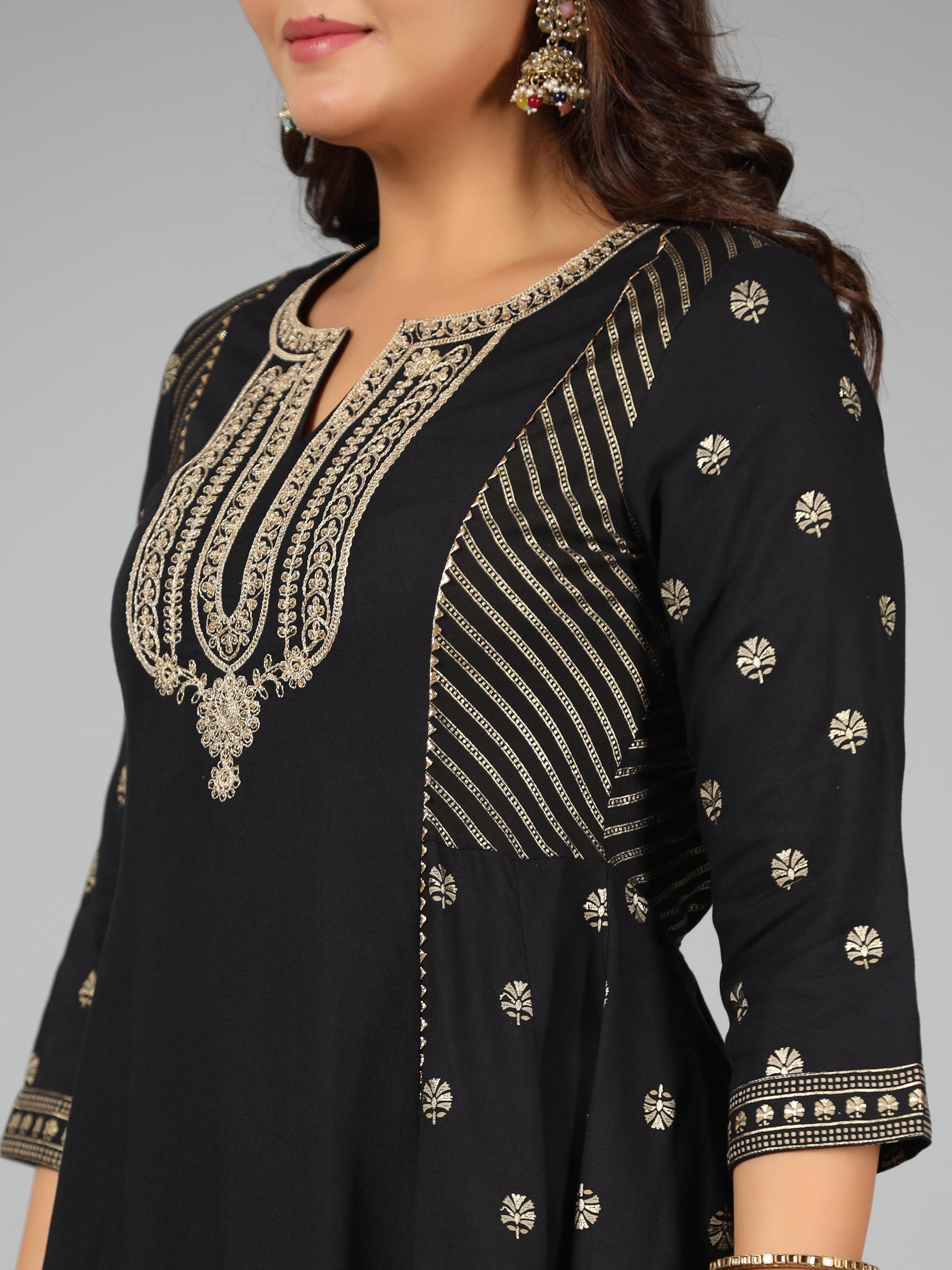 Juniper Women Black Rayon Printed Kurta, Sharara & Dupatta Set - Distacart
